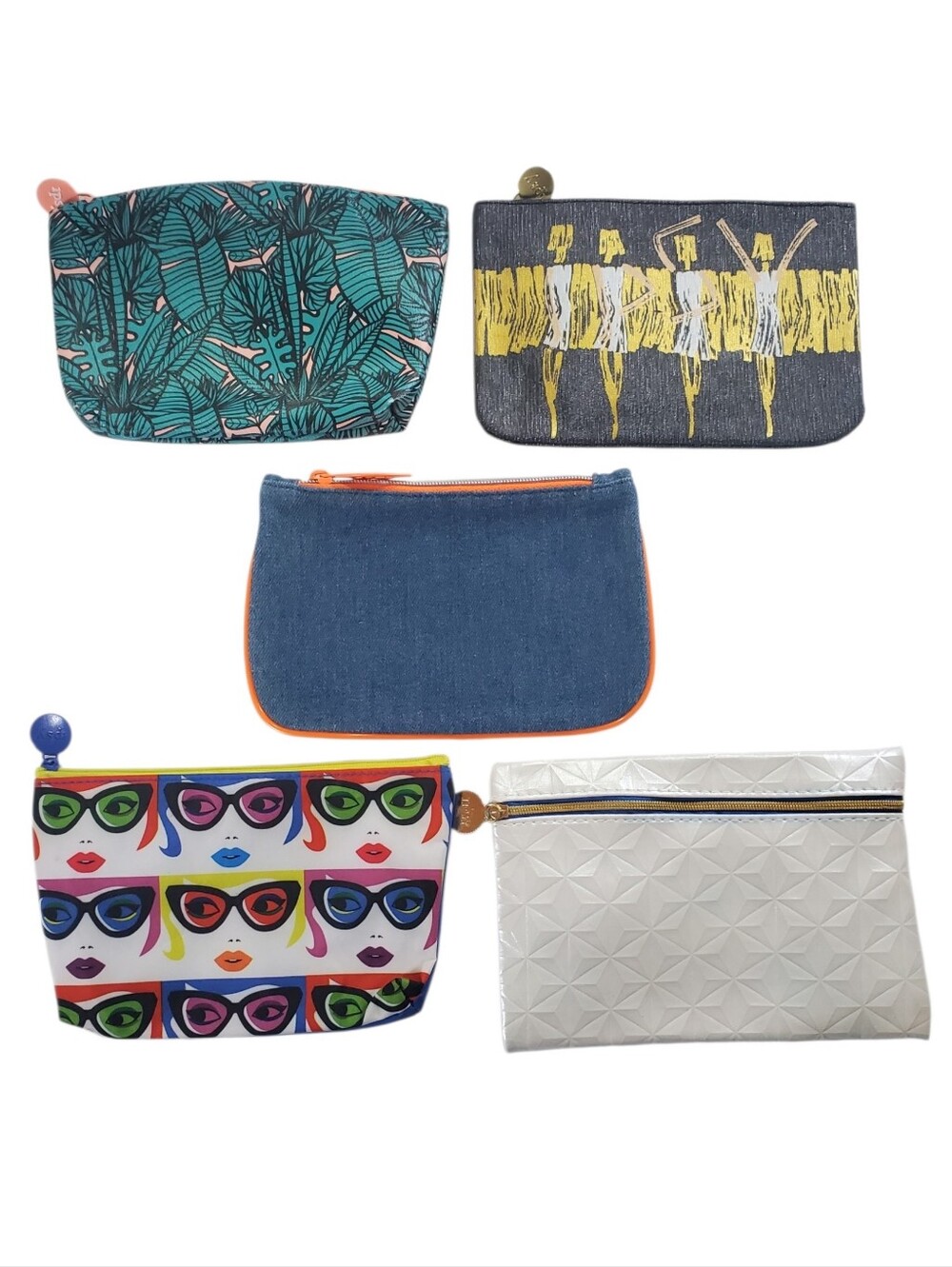 IPSY Bags Set of 5 Assorted Cosmetic Bags Tropical Leaf Glamazon Denim Sunglass